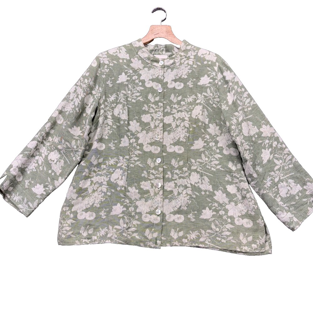Soft Surroundings‎ Shirt Jacket Womens XL Green White Floral Linen Blend Button